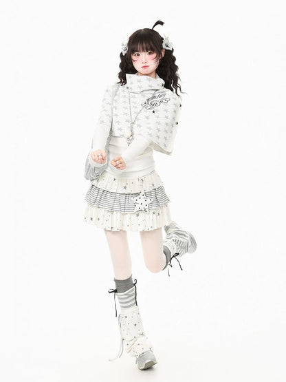 White Kawaii Fall Two Piece Cape Music Note Star Print Top - Languid Park