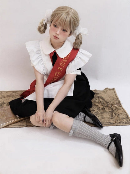 + Sleeves Full Pleated Ribbon Black with Tie Embroidered Dress Apron Short Maid Red Bow Lolita Set