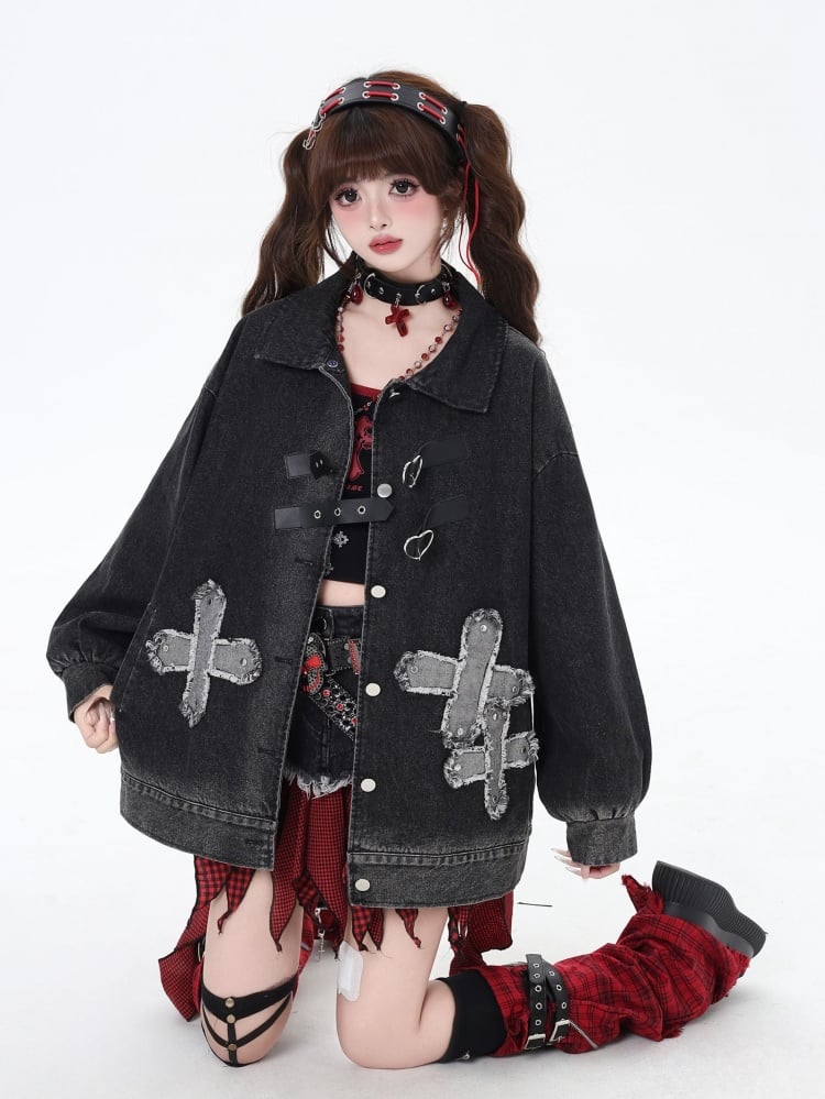パンクロックスタッズクロスブラックルーズデニムジャケット
