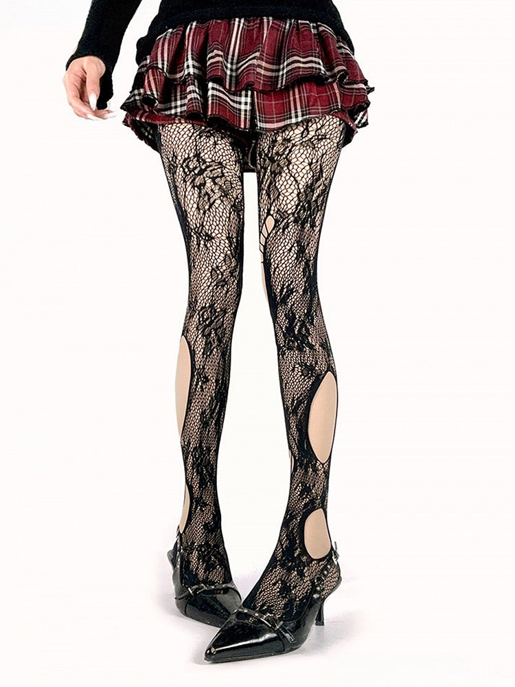 Black Cutout Rosette Lace Gothic Tights - White Socks