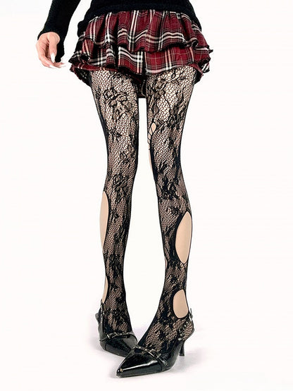Black Cutout Rosette Lace Gothic Tights - White Socks