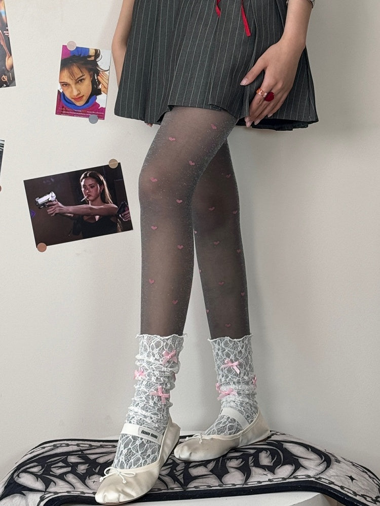 Heart Tights Pattern BlackPurple/GrayPink