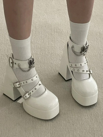 Block Goth White - Studs Style Details PU Leather in High Heels