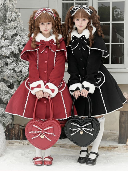 Christmas Red/Black 3-Way Heart-Shaped Handbag with Big Bow & Heart Charm