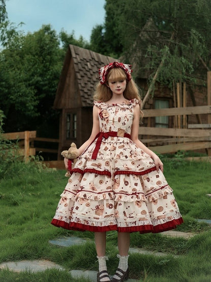 Print Red Ruffle and Sweet Cookie Lolita Dress White Hem Hamster