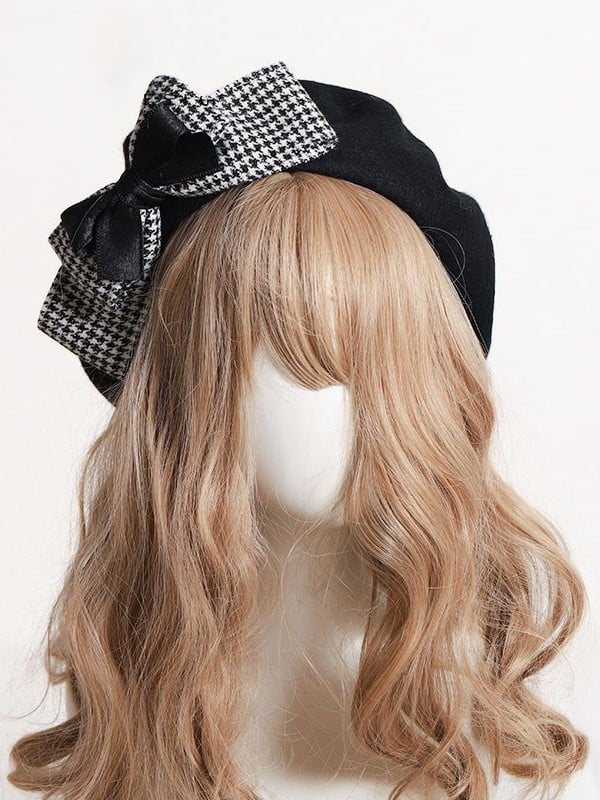 4 Color Options Lolita Detachable Houndstooth Bowknot Beret