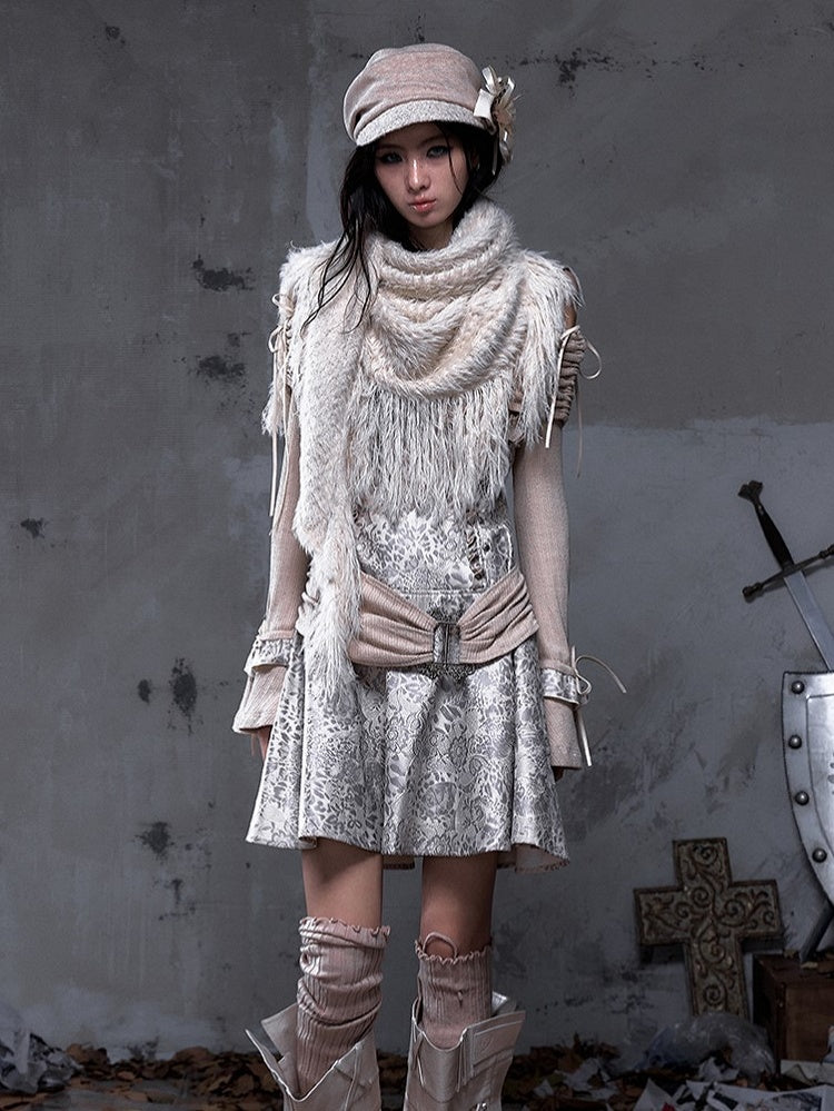 Off-Shoulder Dress Vintage Khaki Knit Punk A-Line with Belt Beige-gray PU Design