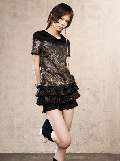 Black Print Fashion Gyaru Waist Leopard Elastic Skort Low-Rise Punk Layers Ruffle with