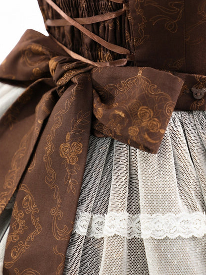 Vintage Brown Bear Symphony Theme Lolita JSK with Bow & Lace Accents - Twin Bear Original Design