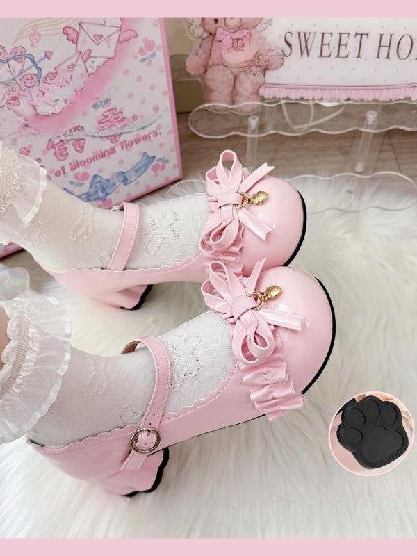 Scalloped Charm Toe and Hem Design with Round White Sweet PU Strawberry Lolita Mid-heel Shoes Bow