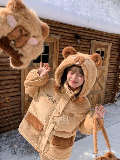 Khaki Cute Capybara Adorned Hooded Down Jacket Detachable Hood