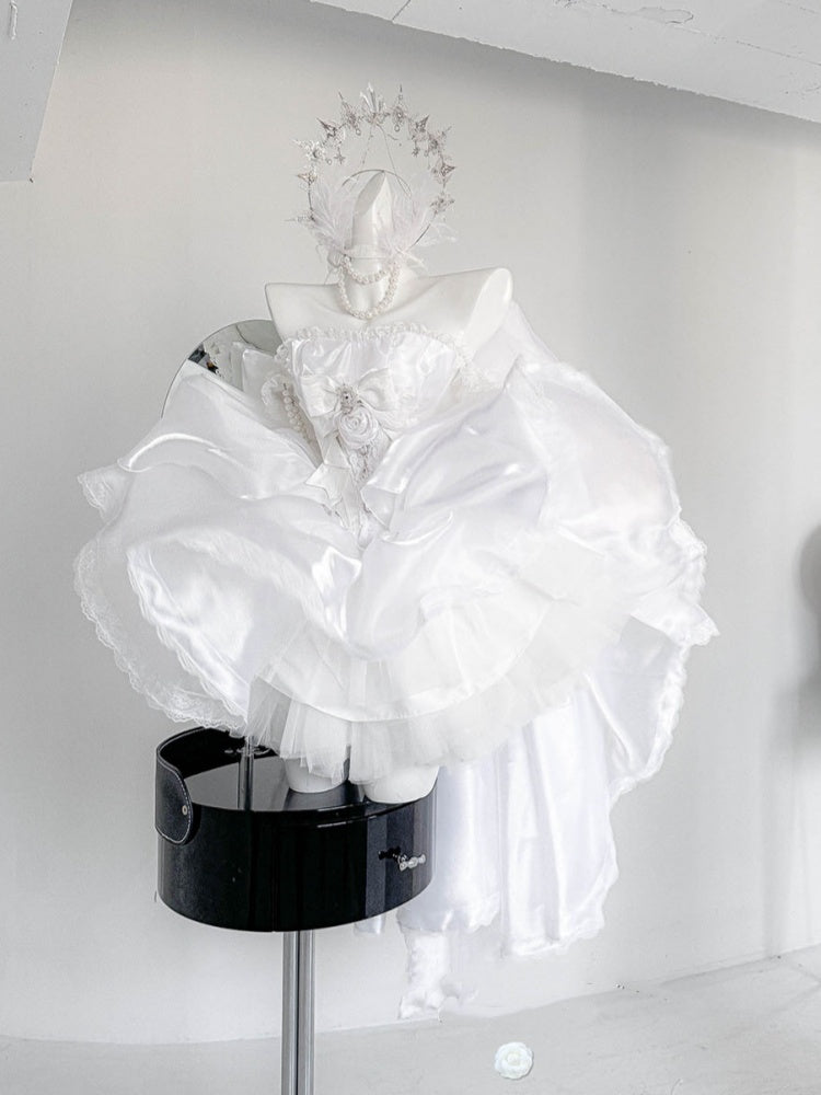 Rhinestones Balletcore Puffy Skirt White with Decorated Set Boned Corset Waist Strapless Top