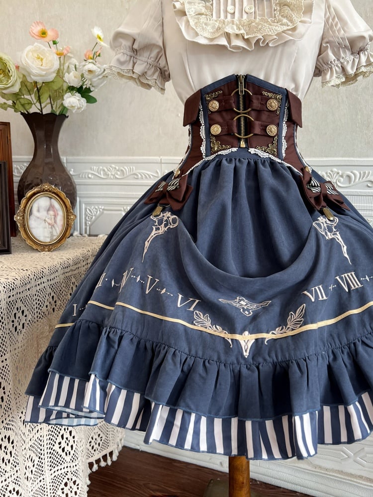 Aprikosenfarbenes Hemd mit Rüschenausschnitt + brauner Korsettgürtel + blauer Rock Steampunk Lolita Set