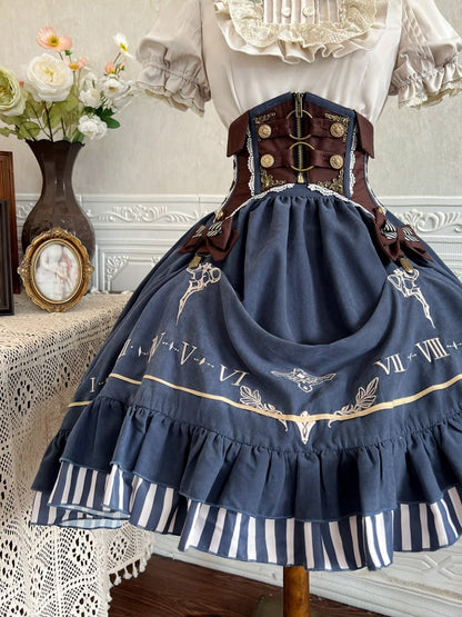 Aprikosenfarbenes Hemd mit Rüschenausschnitt + brauner Korsettgürtel + blauer Rock Steampunk Lolita Set