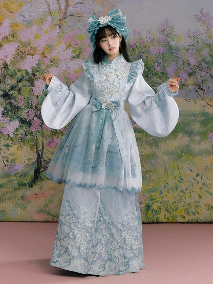 Mint Green Hanfu-Inspired Satin Long Sleeve Top with Floral Print - Yimu Walnut