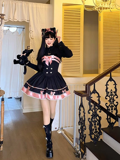 Schwarz-rosa Katzenohren Schleife Akzente Basken Taille Süßes Kleid Lolita Pullover Rock