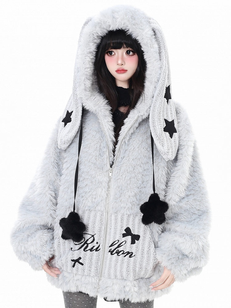 Jacket Hoodie Ear Accents Off-white/Dusty Blue Hood Kawaii Daily - Starry Stellar Bunny Striped