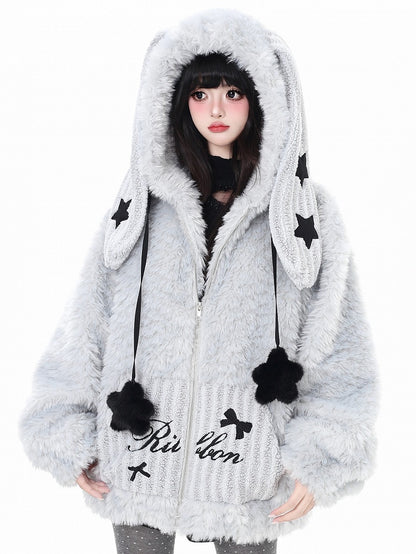 Jacket Hoodie Ear Accents Off-white/Dusty Blue Hood Kawaii Daily - Starry Stellar Bunny Striped