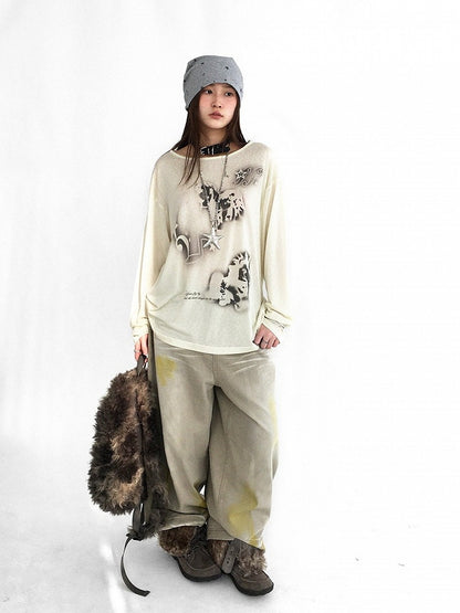 Washed Faded Light Yellow Wide-Leg Jeans with Graffiti Details
