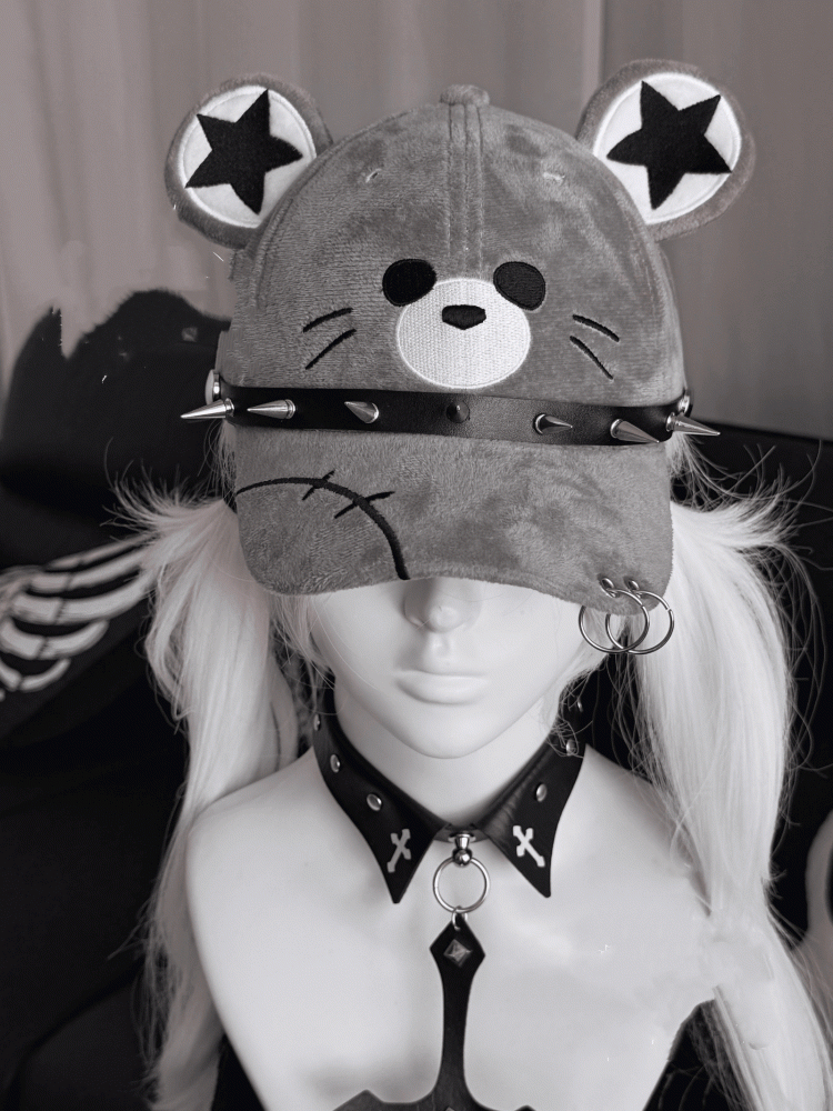 Cap Design Stud Punk Mouse Details Gray Pointed