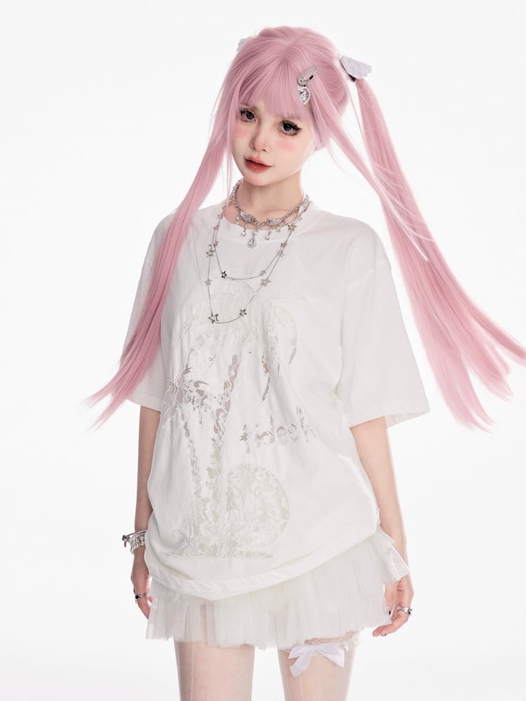 T-shirt Coconut Tree Print White Round Neck Tonal