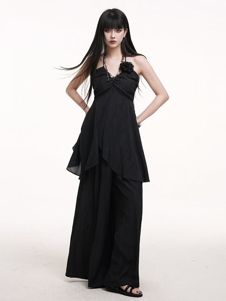 Pants Skirt-Like with Black Gothic Wide-Leg Floor Drape Length