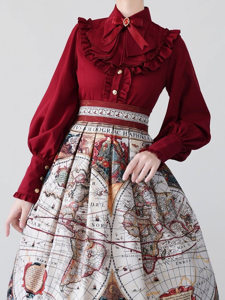 Wine Red Vintage Flounce Hem Elegant Lolita Blouse with Puff Sleeves