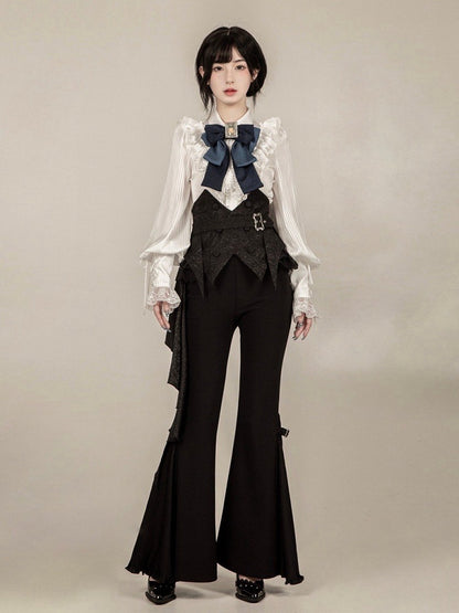 Gothic - Hosengürtel mit Riemen-Set + blaues ausgestelltes Lolita Ouji-Korsett mit schwarzer Fliege und Stäbchen