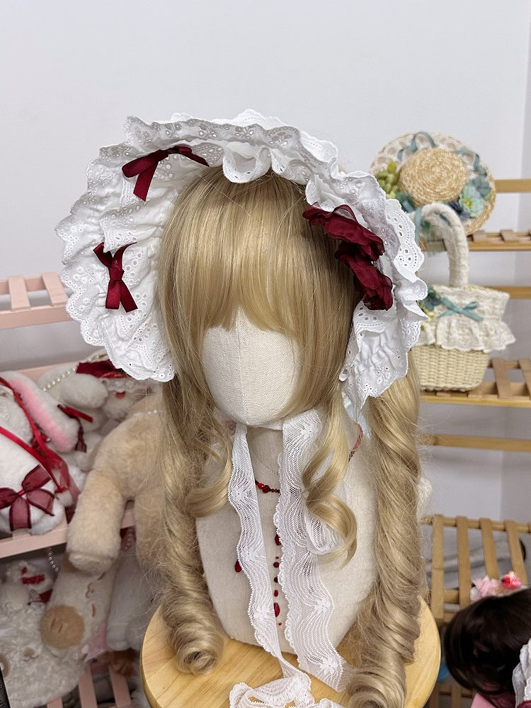Gothic Red White Lolita Rose Bows With Cotton Bonnet