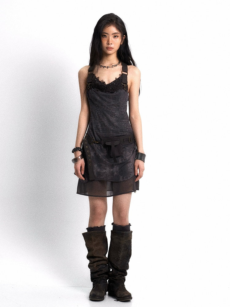 Adjustable Neck with Dress Print Belt Floral Black PU Cowl Layered