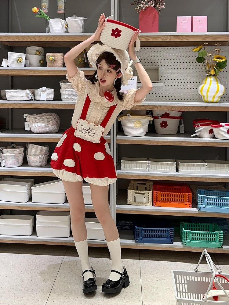 Fleece Detachable Spot Straps White Red Applique with Short Lolita Mushroom Sweet Bubble