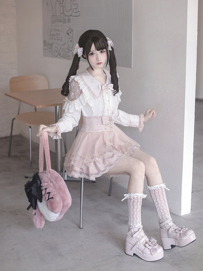 Jirai Cutouts Delicate with Blouse and Kei Sweetness White Pink Lace Flat Collar Pointed