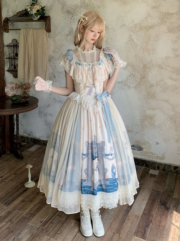 Edward Basque Lolita Print Kleid Klassischer Hals Elegantes Engelsstück Taille Eins