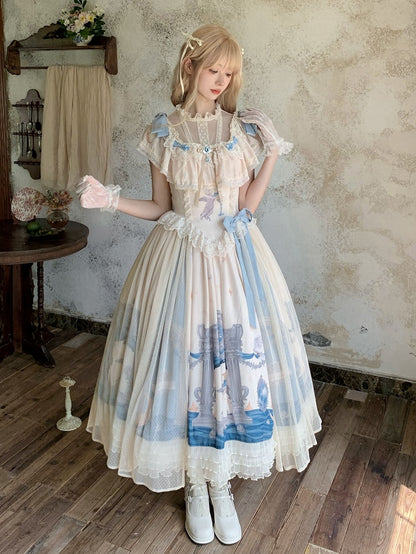 Edward Basque Lolita Print Kleid Klassischer Hals Elegantes Engelsstück Taille Eins
