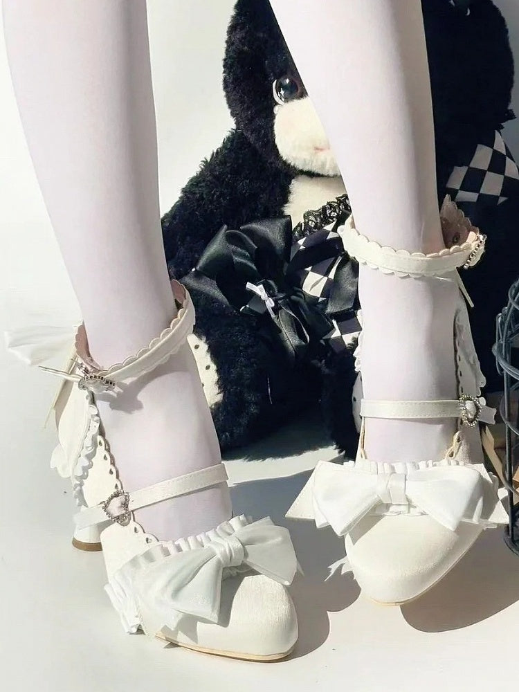 Sophisticated Pumps Bow - Heel with White Details Accents Design Lolita Shaped Ruffle Uniquely