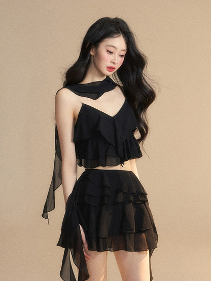 Tiered Black Chiffon V-Neck with Ruffles Cropped Cami Top Scarf Free