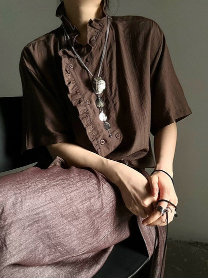 Coffee Ouji Short Sleeve Shirt with Ruffle Trim - ASAE