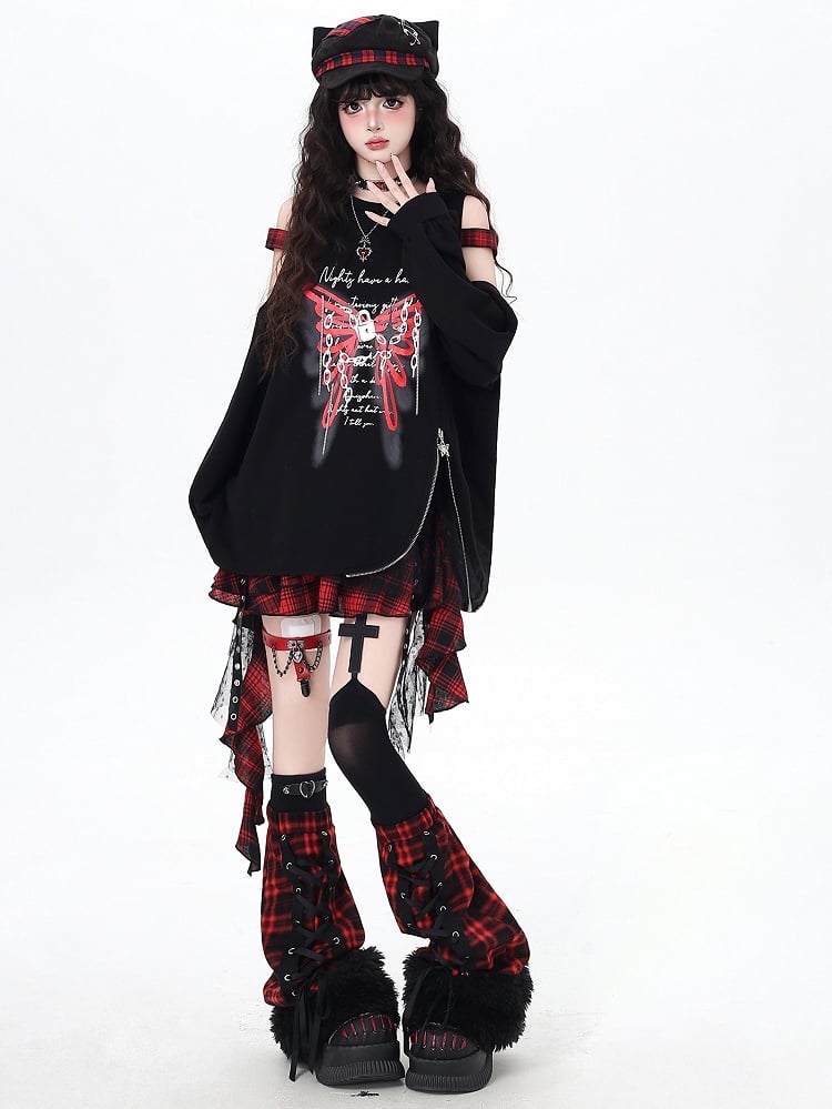 Red Lace-up Plaid with Design Gothic Bottom Leg Warmers Black Fuzzy Cuff