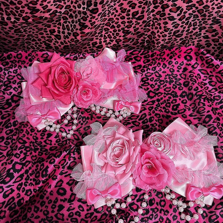 Red Fashion Pink Hime with Y2K Rose Gyaru / Chain Beaded Hair Showa Clip