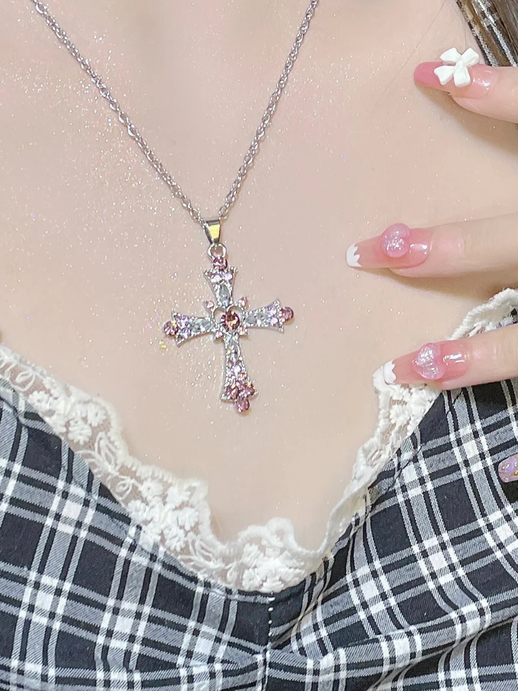 Neon Rainbow/Purple Rhinestone Cross Pendant Chain Necklace