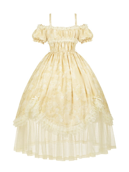 Butterfly Print Light Yellow Off-Shoulder Lolita OP Dress with Detachable Shoulder Straps - With PUJI