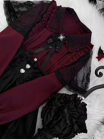 スカートティアードジライディテールケイ衣装 - ブラックホワイトチェック柄 + レッドプリーツシャツ