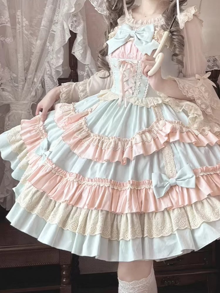 und Candy JSK Süßes Lolita-Kleid mit Schnürung vorne und gewelltem Rand, Farbe Blau, Pink