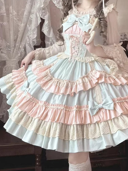 und Candy JSK Süßes Lolita-Kleid mit Schnürung vorne und gewelltem Rand, Farbe Blau, Pink
