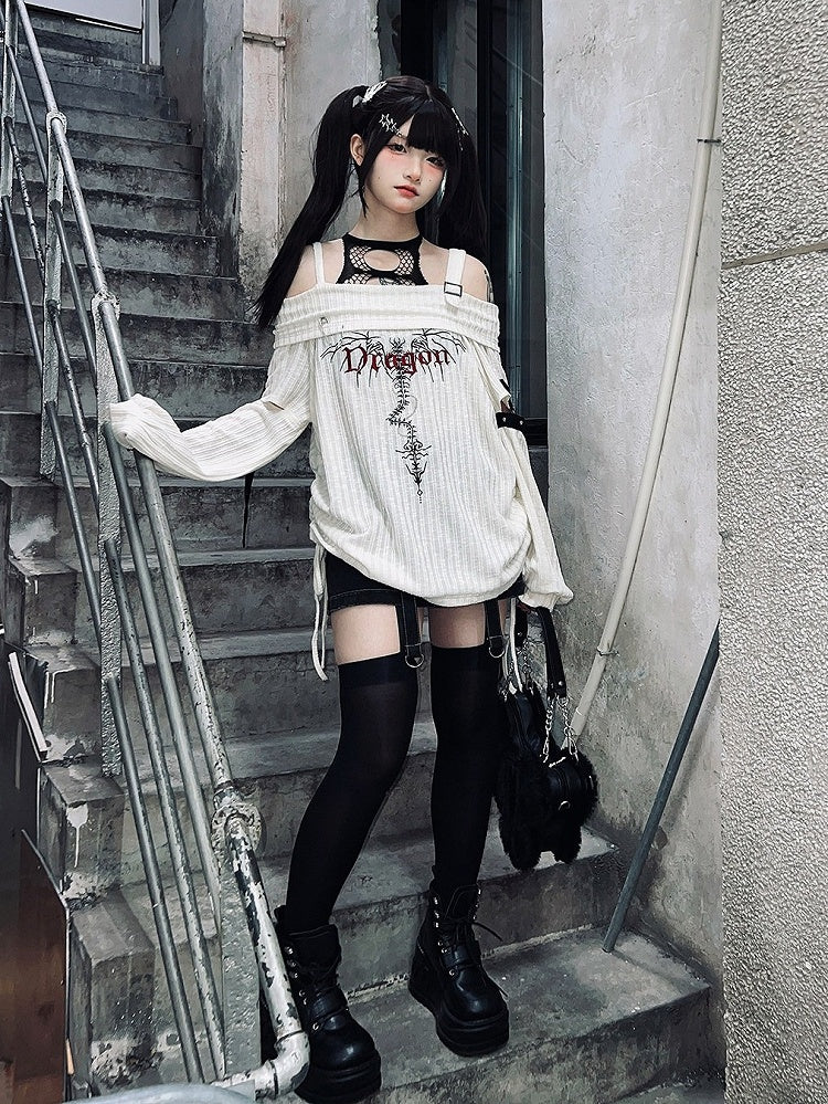 White Knit Letter Embroidery Off-Shoulder Top with Cutout - Tan Tuan
