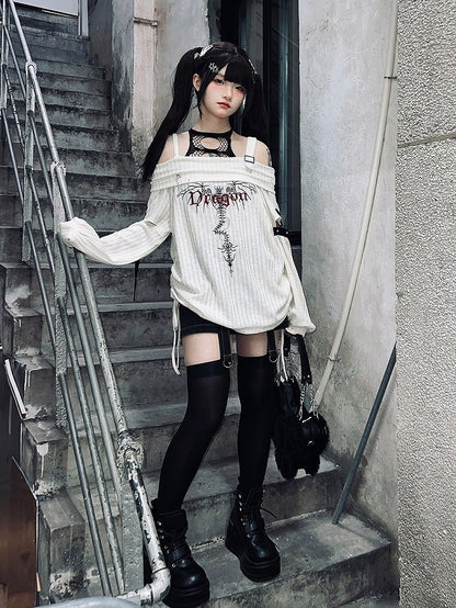 White Knit Letter Embroidery Off-Shoulder Top with Cutout - Tan Tuan