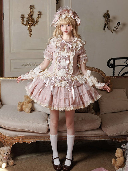 with Waist Sweet Low Sleeves Bow Lace Pink Beige Dress Ruffled Lolita and Accents
