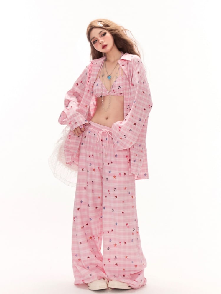 Wide-Leg Plaid Trousers with Drawstring Waist & Pink Star Print - 11shop97