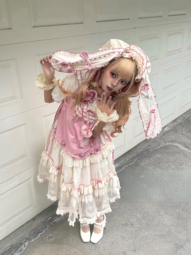 Rose Rosette Embroidered Sweet Lolita Bunny Ear Hooded Overdress with Heart Patches - Bodhi Original Design