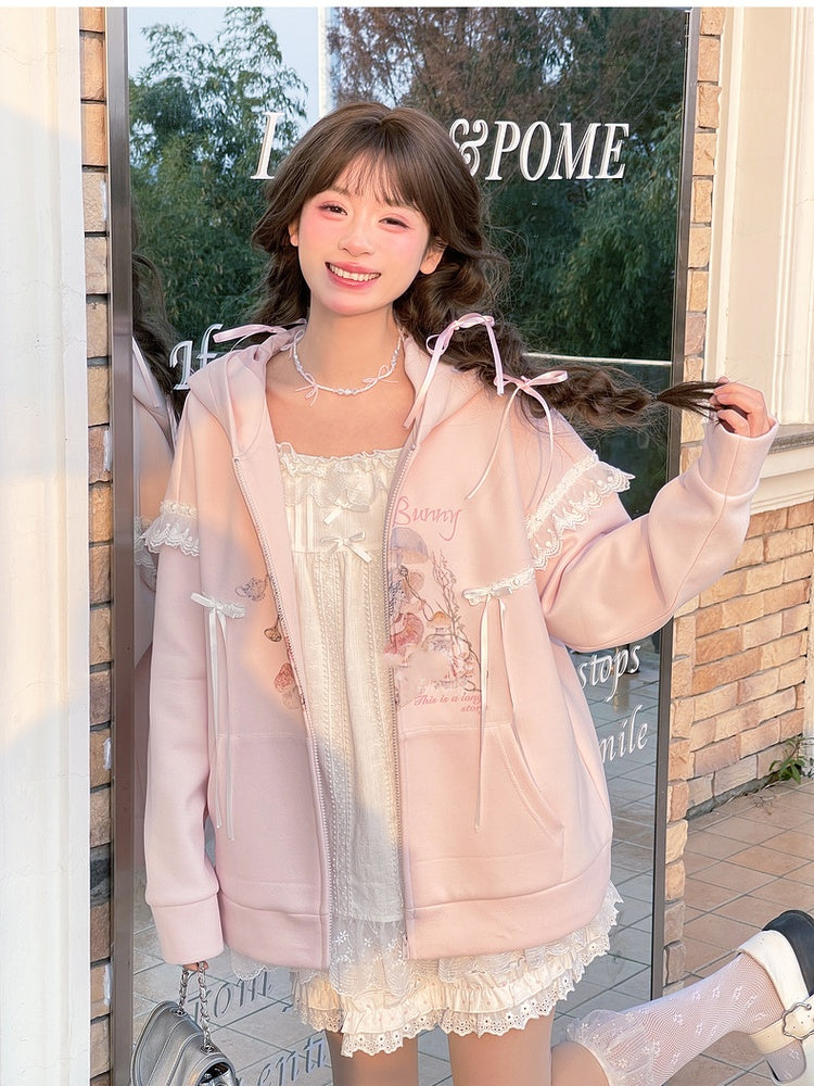 Yume Kawaii Pink Bunny Ear Hood and Bunny Print Zip Closure Hoodie